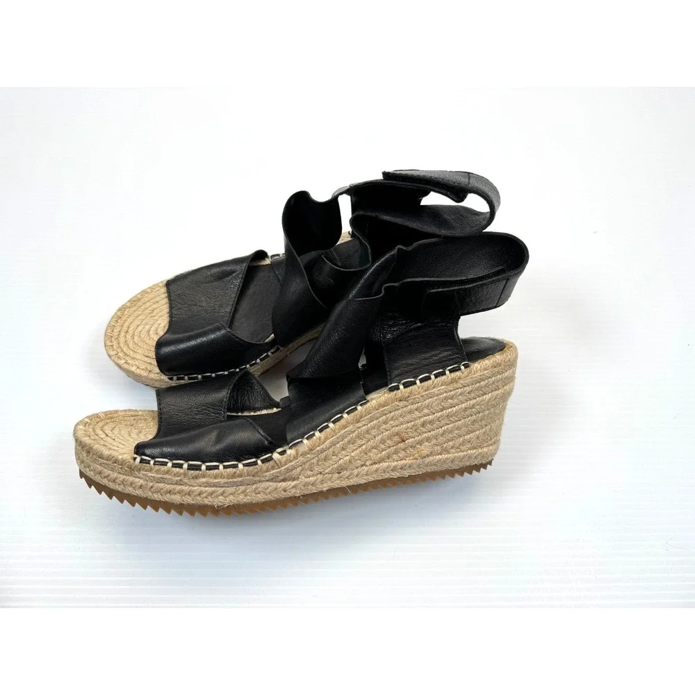 Eileen Fisher Willow Tumbled Leather Wedge Espadrille Women 8 EUC $198‎ Open toe